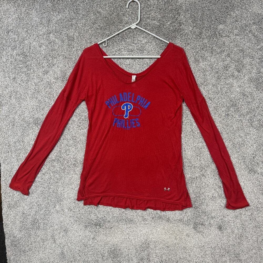 Philadelphia Phillies Shirt Womens Small Red MLB Baseball V Neck Under Armour